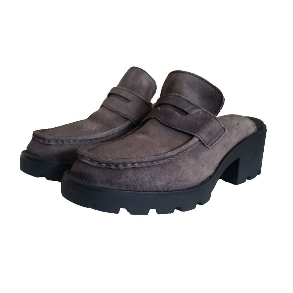 Born Gala Penny Loafer Mules Women 6.5 Grey Suede Chunky Lug Sole